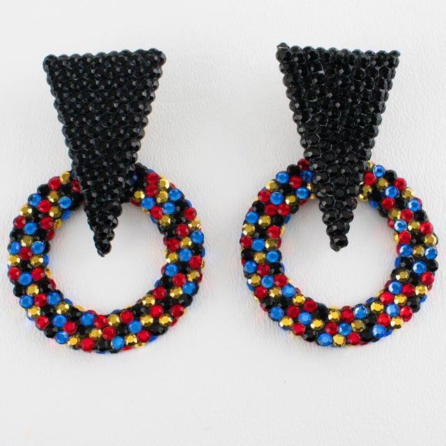 Contemporary Richard Kerr Black and Multicolor Jeweled Dangle Clip Earrings For Sale - Image 3 of 8