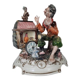 1920s Capodimonte Porcelain Donkey Cart Organ Grinder With Monkey Music Box For Sale