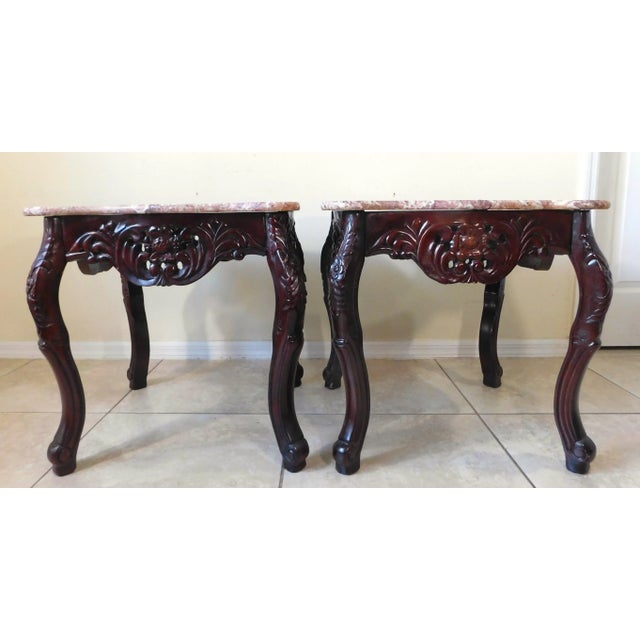 Pair Vintage Chinese Carved Rosewood Pink Marble Top Side/End Tables For Sale In West Palm - Image 6 of 8