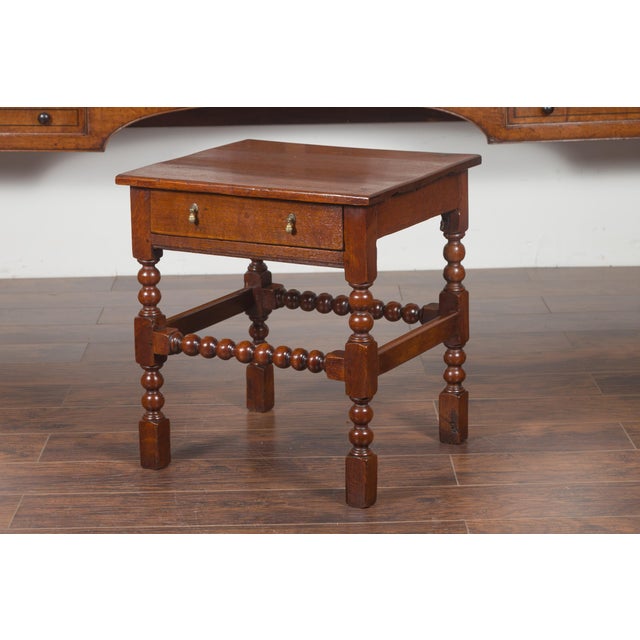 Wood English 1870s Oak Bobbin Leg Side Table with Single Drawer and Stretchers For Sale - Image 7 of 12