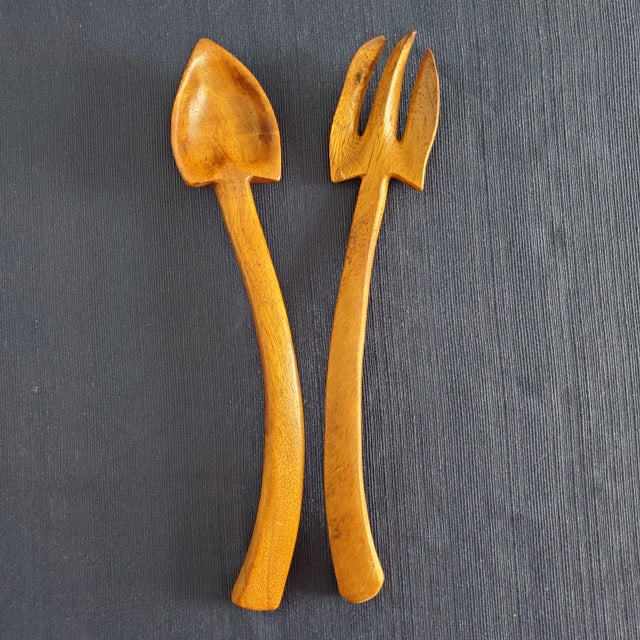 1960s Vintage Monkey Pod Wood Salad Servers - a Pair For Sale - Image 9 of 9