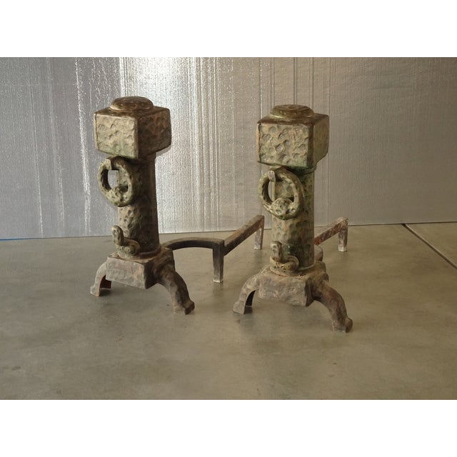 Vintage Spanish Revival Hammered Iron Three Piece Andirons Fireplace Accessorie For Sale - Image 4 of 15