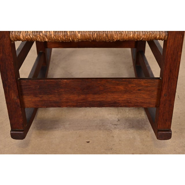 Brown Gustav Stickley Antique Mission Oak Arts & Crafts Ladder Back Rocking Chair With Rush Seat, Circa 1910 For Sale - Image 8 of 12