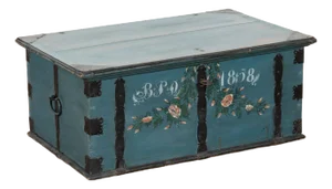 Original Blue Painted Flat Top Trunk Dated 1858