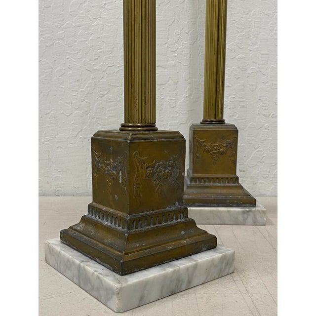 Traditional Early 20th Century Italian Plate Brass Spelter & Marble Base Candle Holders For Sale - Image 3 of 8