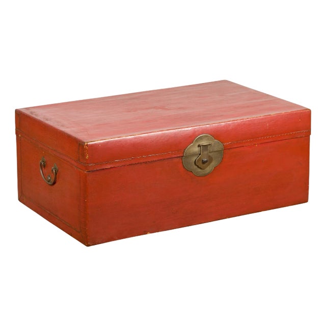 Antique Red Lacquer Blanket Chest with Brass Hardware and Spacious Storage For Sale