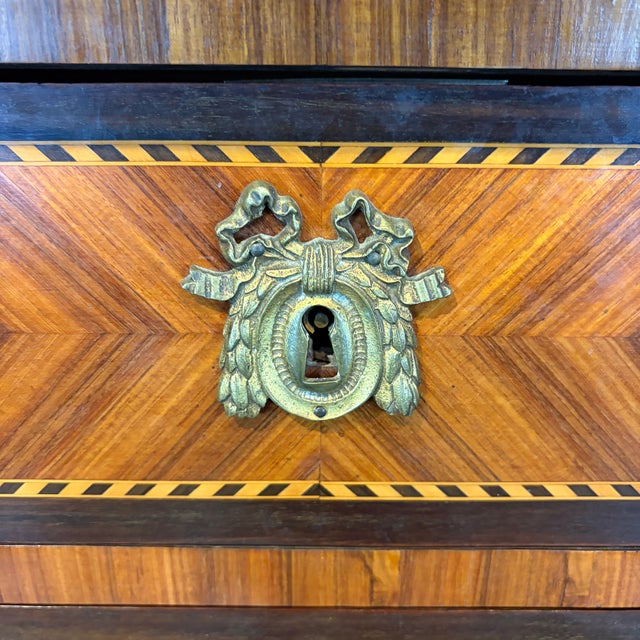 French Neoclassical Louis XVI Marble Top Parquetry Chest of Drawers For Sale - Image 11 of 13