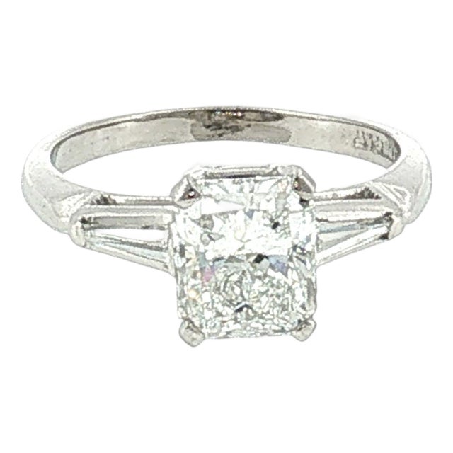 1950's Platinum Classic Tapered Baguette Engagement Ring With a 1.29 Radiant Cut, Size 4 For Sale