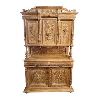 Beautiful 19th Century Pitch Pine Double Buffet With Hand Carved Motifs and Brass Hardware For Sale