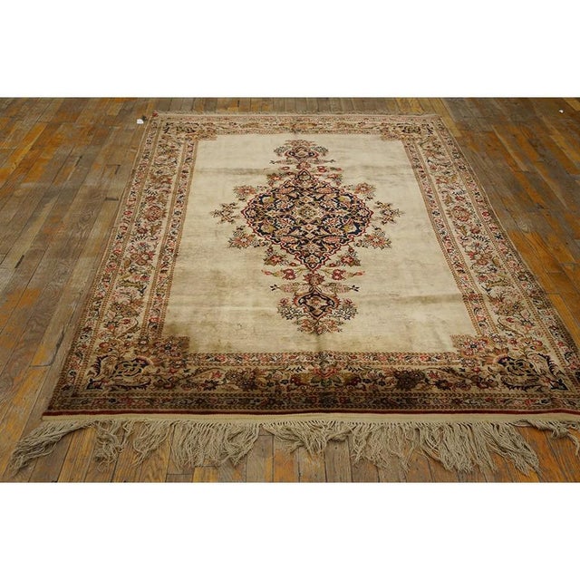 1940s ScattIer Ivory Medallion Diamond Antique Qum Silk Handknotted Wool Rug For Sale In New York - Image 6 of 6
