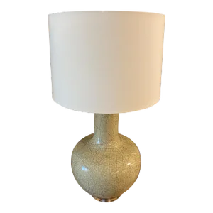 Tall Vintage 1950s Art Deco Style Repurposed Raku Celadon Green Vase Lamp With Shade