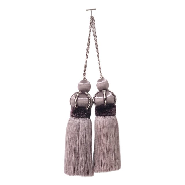 Pair of Dusty Mauve Luxury Key Tassels With Satin & Cut Velvet Details For Sale