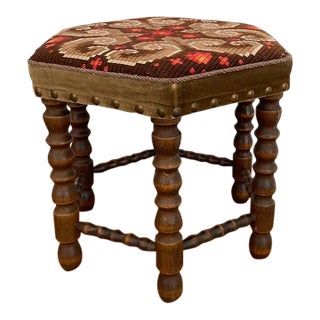 Vintage Mid-Century Walnut Footstool With Geometric Needlepoint Tapestry For Sale