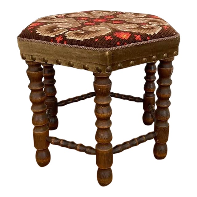 Vintage Mid-Century Walnut Footstool With Geometric Needlepoint Tapestry For Sale