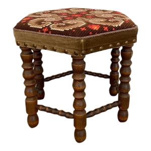 Vintage Mid-Century Walnut Footstool With Geometric Needlepoint Tapestry