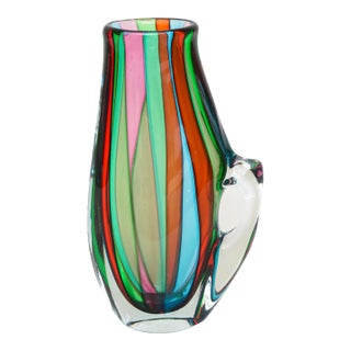 Vintage Signed Murano Striped Glass Pitcher or Object in Turquoise, Green, Pink, Red, Clear, Italy For Sale