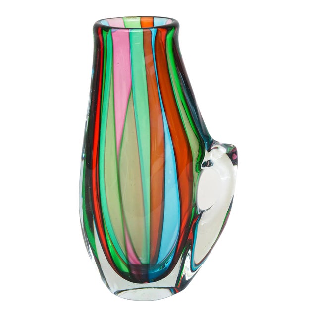 Vintage Signed Murano Striped Glass Pitcher or Object in Turquoise, Green, Pink, Red, Clear, Italy For Sale