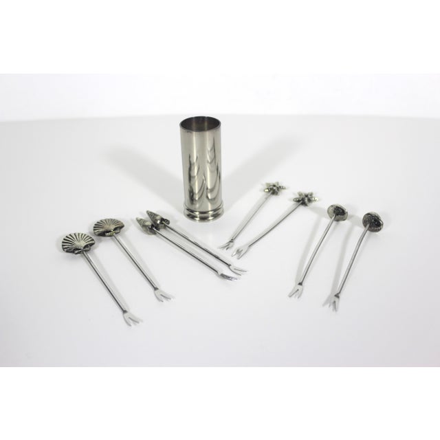 1980s Vintage Silverplated Seashell Cocktail Picks Forks With Holder Set of 9 For Sale - Image 5 of 9