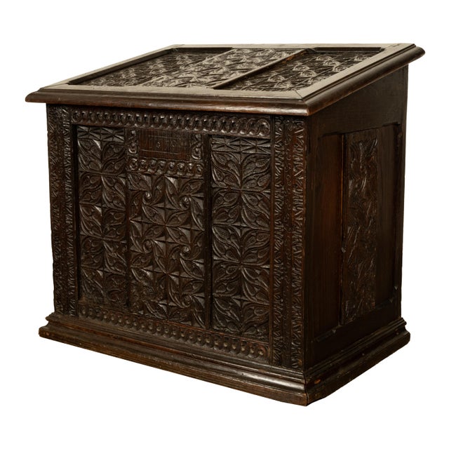 Gothic Antique French Medieval Gothic Carved Oak Chest Coffer 17th Century Panels 1679 For Sale - Image 3 of 16