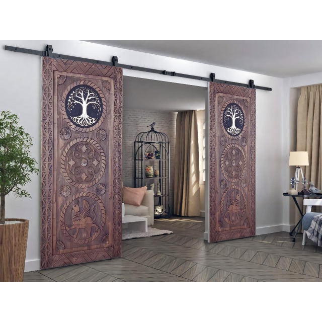 This handcrafted solid wood door features a striking composition of three mythological symbols — the Tree of Life at the...