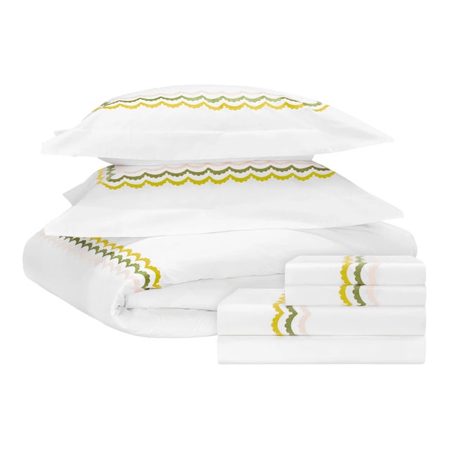 Celerie Kemble + Hamburg House Pink and Green Scallop King Bedding Set - 7 Pieces For Sale