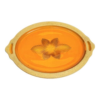 Vintage 1930s Large Amber Elegant Glass Gold Encrusted Serving Tray For Sale