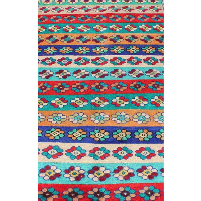 Mid-Century Modern Turkish Rug With Multicolored Stripes and Flower Designs For Sale In Atlanta - Image 6 of 12