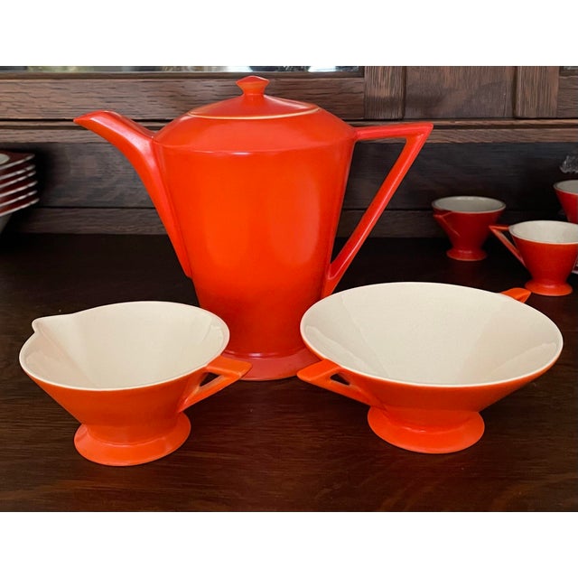 Gorgeous, Collectible 1930s Salem Tricorne Streamline Mandarin Orange Atomic Art Deco Dinnerware Coffee Pot, Open Sugar...