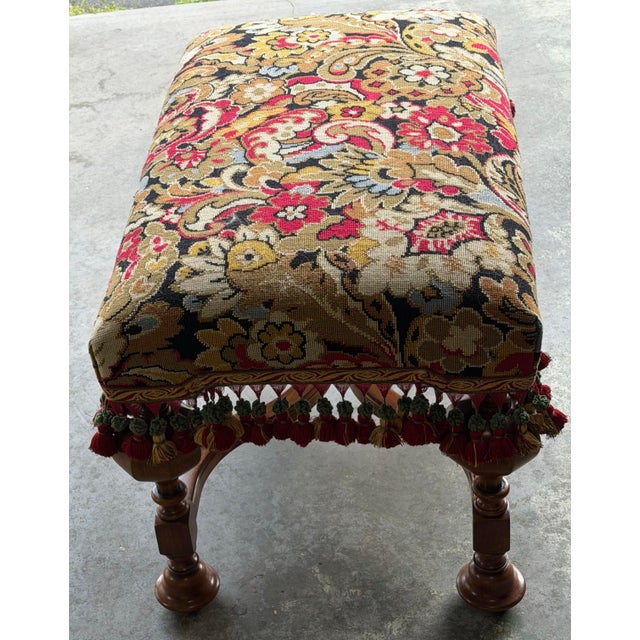 Wood Vintage English Jacobean Style Walnut Needlepoint Upholstered Bench With Scalamandré Tassel Fringe For Sale - Image 7 of 7