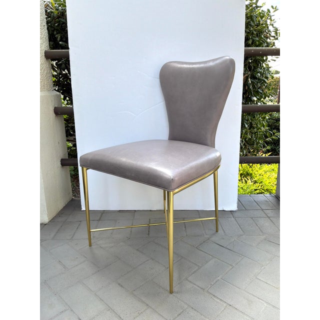 Stylish Baker Clara Chairs Leather & Brass Set of 4. Brass frame with light gray with hint of lavender leather. Original...