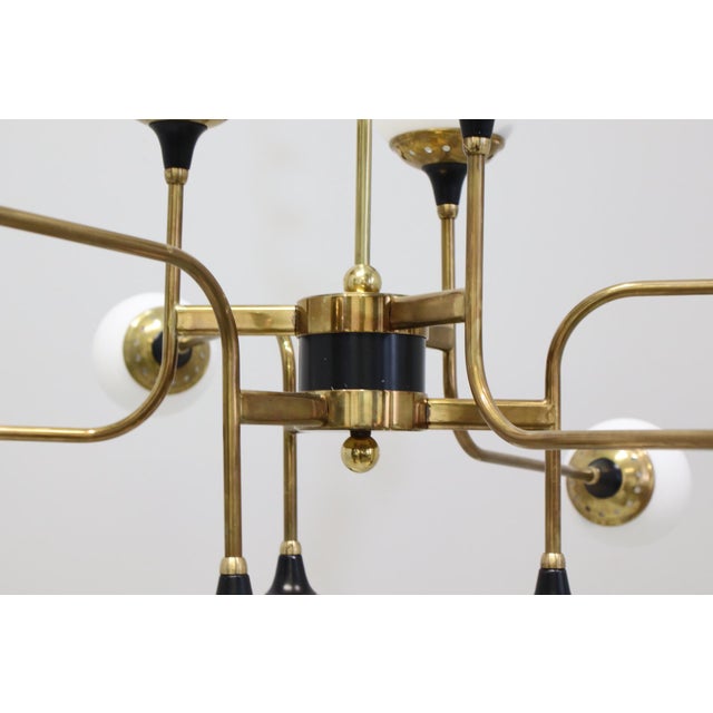 Mid-Century Modern Chandelier with 18 Lights in Brass and Opal Glass by Stilnovo, Italy, 1959 For Sale - Image 3 of 15