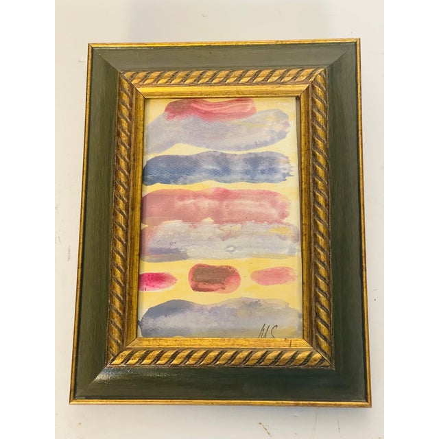 Abstract modern small painting acrylic on paper, signed with initials and framed.