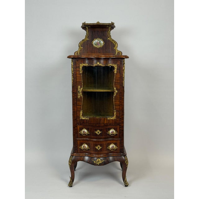 19th Century French Rosewood & Marquetry Louis XV Style Bombe Vitrine Bronze Ormolu Curio Cabinet Hand Painted Porcelain...