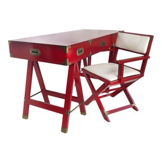 Vintage Campaign-Style Desk & Chair, Brass Trim & Hardware in Red - Set of 2 For Sale