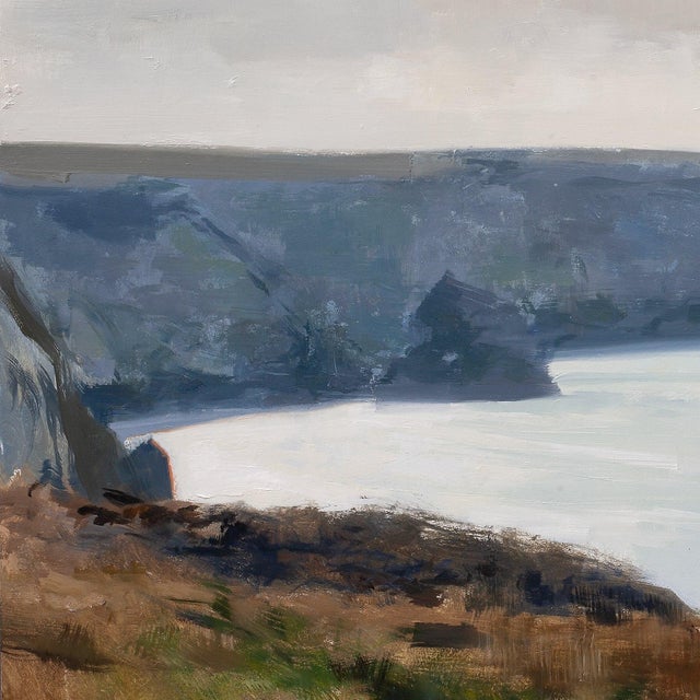 Contemporary Distant Reflected Light at Porthtowan by Jon Doran | Oil on Panel Cornish Cliffs and Calm Sea For Sale In Denver - Image 6 of 9
