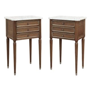 Pair Antique French Directoire Mahogany End Tables With Carrara Marble For Sale