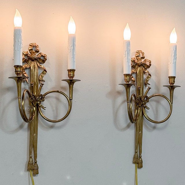 Pair Antique French Louis XVI Neoclassical Cast Brass Wall Sconces For Sale - Image 4 of 12