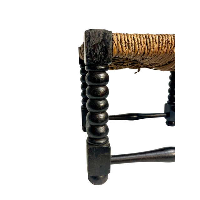 Antique English Jacobean Style Country Woven Rush Seat Stool With Bobbin Legs For Sale - Image 4 of 16