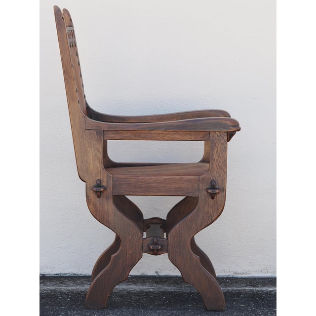 Arts & Crafts Early 20th Century English Gothic Arts & Crafts Wood and Leather Arm Chair For Sale - Image 3 of 12