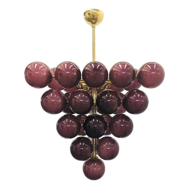21st Century Italian Grappolo Polished Brass Frosted Amethyst Murano Glass Chandelier by Fabio LTD For Sale