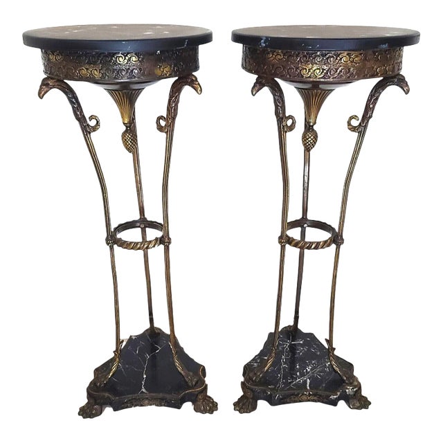 Antique Grand Entrance Italian Brass Griffins & Marble Display Stands - a Pair For Sale