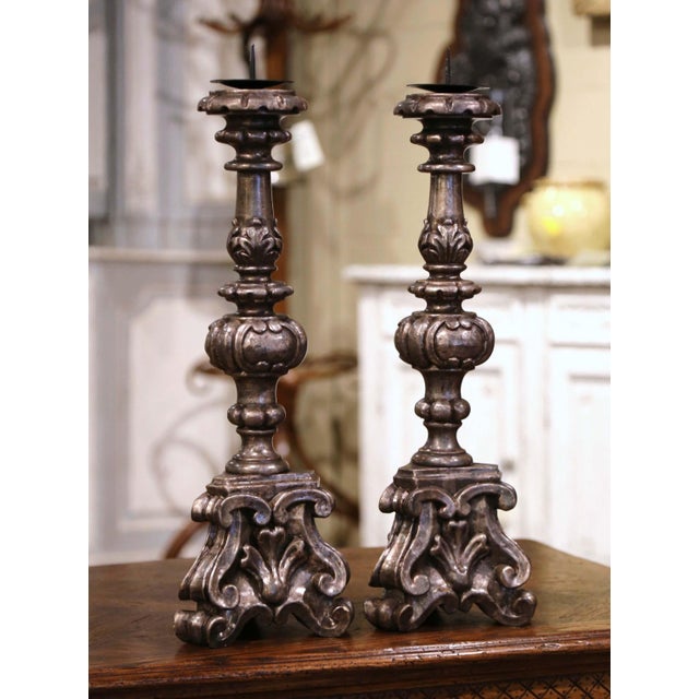 Italian Pair of Mid-Century Italian Carved Silver-Leaf Pricket Candlesticks For Sale - Image 3 of 6