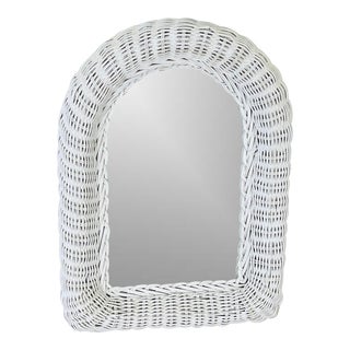 Vintage 1970s White Wicker Wall Mirror For Sale