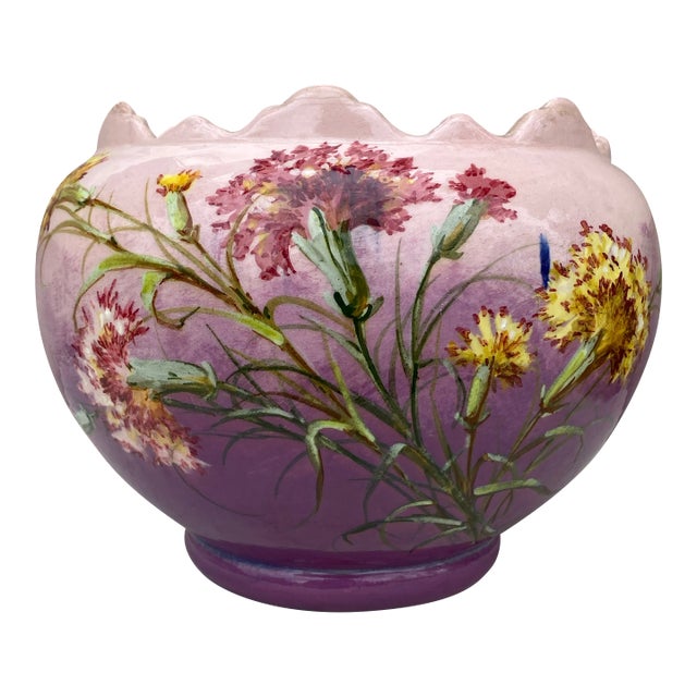 French Majolica Carnation Cache Pot Jérôme Massier, Circa 1890 For Sale