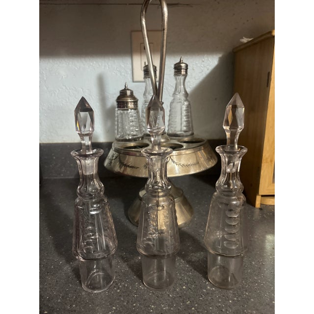 Mid 19th Century Antique Palmer MFG Silverplate Cruet Set With Etched Glass Bottles, Victorian Quadruple Plate #1045 For Sale - Image 5 of 6
