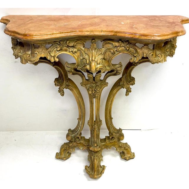 Mid-Century French Rococo Carved Pine Console Table With Rouge Marble Top For Sale - Image 4 of 5