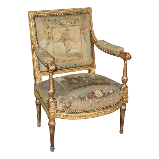 Single 19th Century French Louis XVI Style Giltwood Aubusson Armchair For Sale