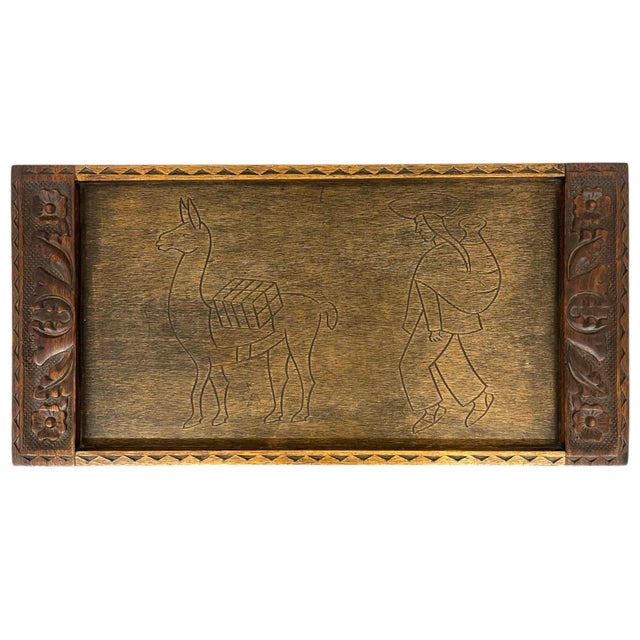 Brown Hand-Carved Wooden Tray With Folding Stand - Carved Llama and Figure Motif, Turned Legs For Sale - Image 8 of 9