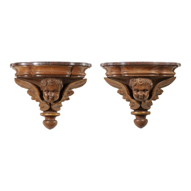 French 1880s Carved Walnut Brackets with Cherubs and Faux Marble Tops- a Pair For Sale