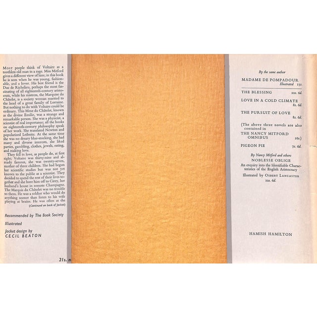 MITFORD, Nancy [288] pp. Hamish Hamilton 1957 8 3/8" x 5 3/4" Jacket design by Cecil Beaton Voltaire in Love is a popular...